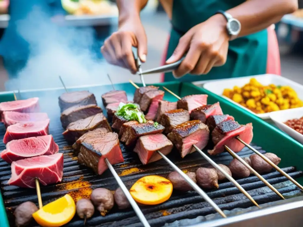 Un chef peruano experto en anticuchos de corazón, preparando con destreza en un mercado de Lima