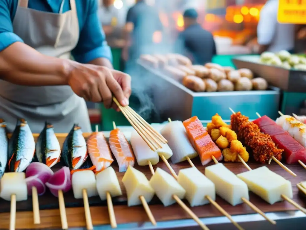 Un chef peruano experto preparando anticuchos de pescado en un mercado de Lima, mostrando precisión y tradición culinaria