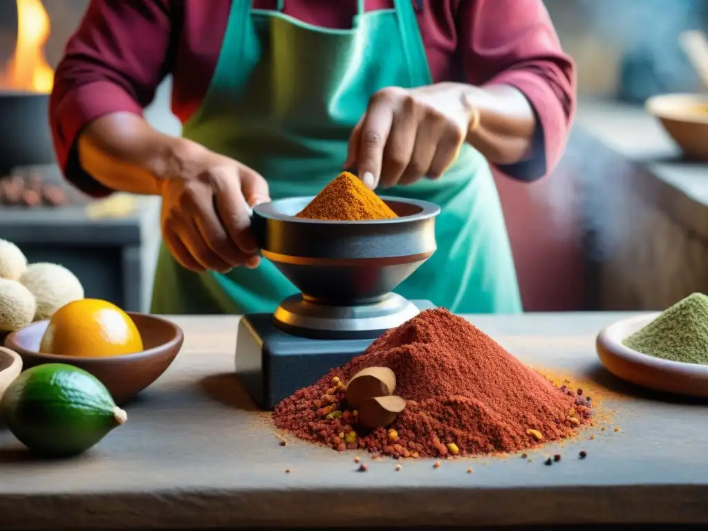 Un chef peruano experto utilizando una antigua piedra de moler, con especias vibrantes, en una cocina tradicional