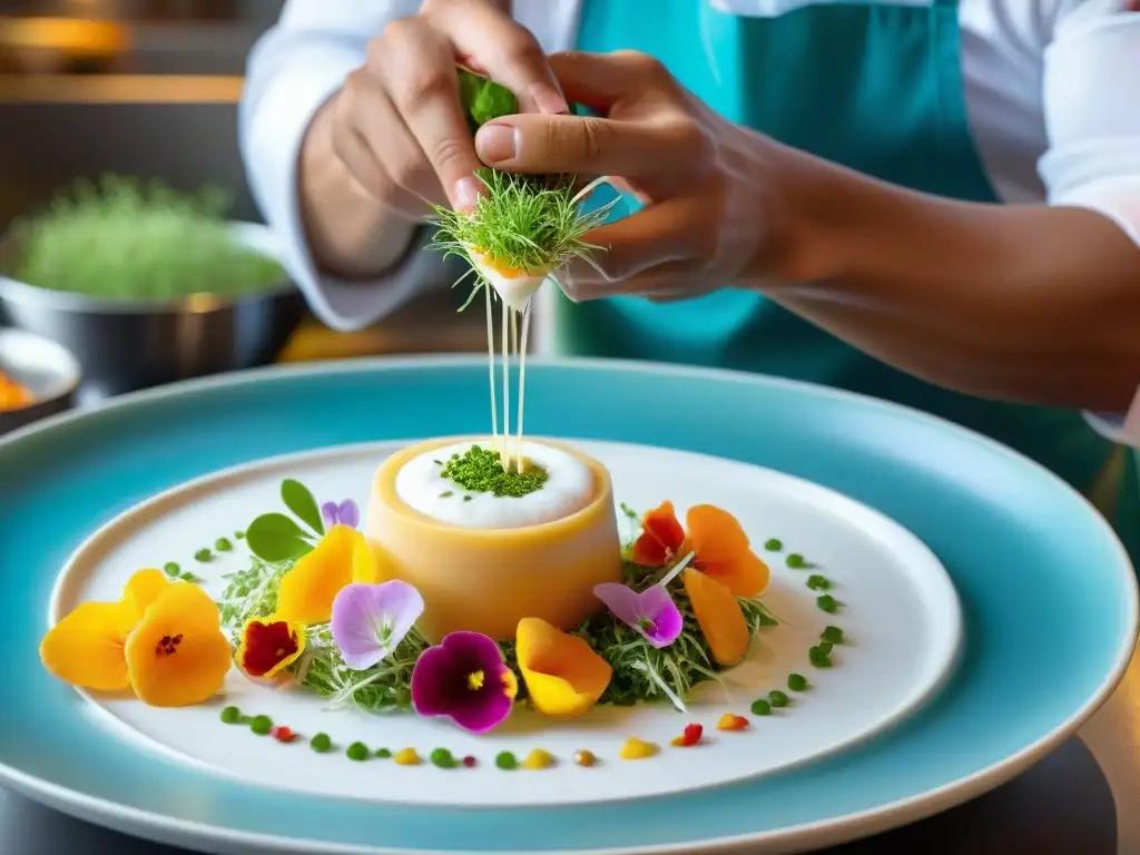 Un chef peruano experto crea arte culinario con espumas y aires en Perú en un ceviche vibrante