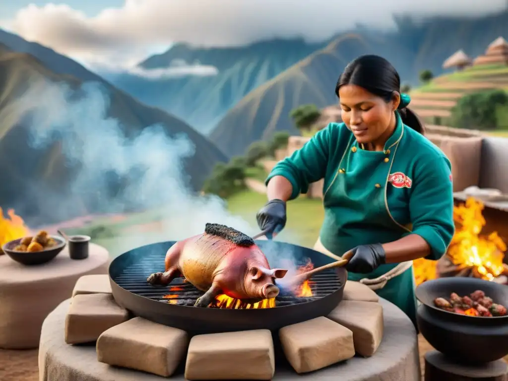 Maestro culinario peruano preparando Chancho al Palo en los Andes Un chef peruano experto sazona y asa un chancho entero al palo, con las montañas peruanas de fondo
