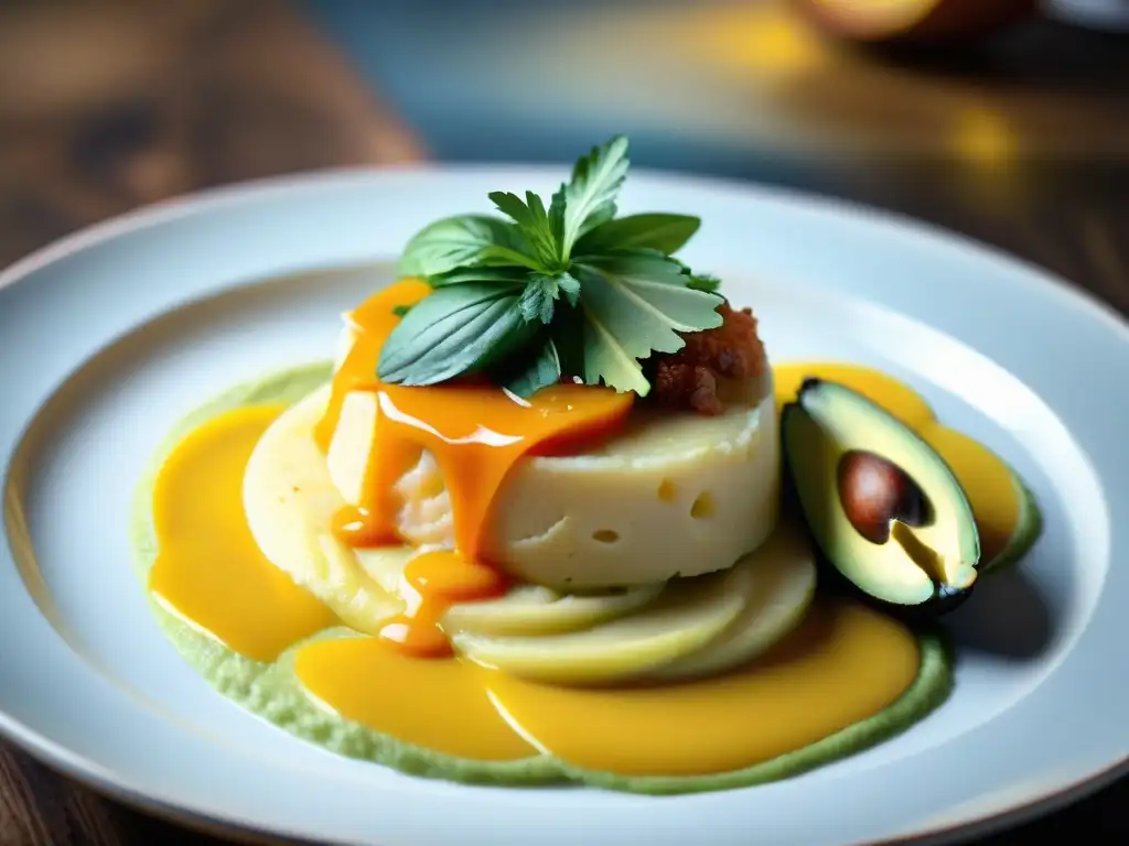 Un chef peruano experto preparando una auténtica Causa Limeña con coloridas capas de puré de papas, ají amarillo, mariscos frescos y aguacate