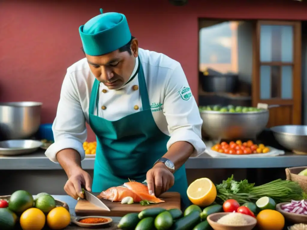 Un chef peruano experto preparando auténtico ceviche de trucha andina en un mercado andino vibrante