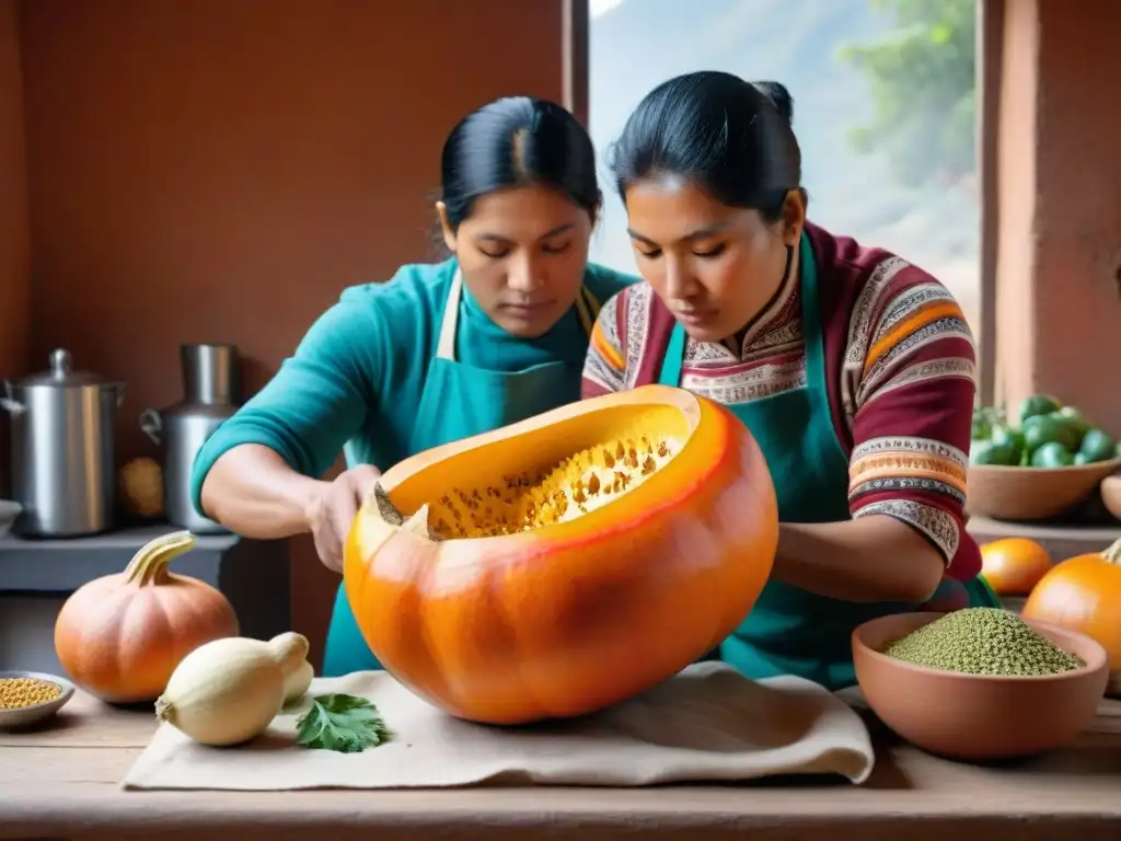 Un chef peruano experto corta una calabaza en Perú, con semillas y pulpa en detalle