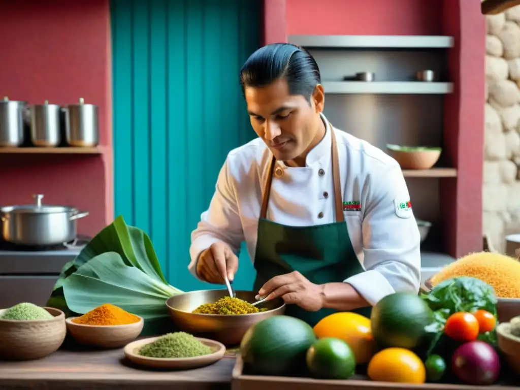 Un chef peruano experto usa un cántaro en cocina tradicional