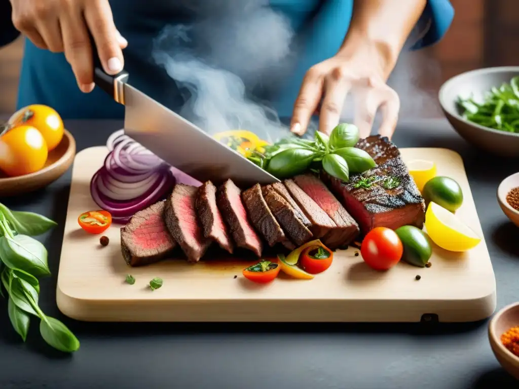 Un chef peruano experto cortando carne marinada sobre una piedra caliente, rodeado de verduras frescas