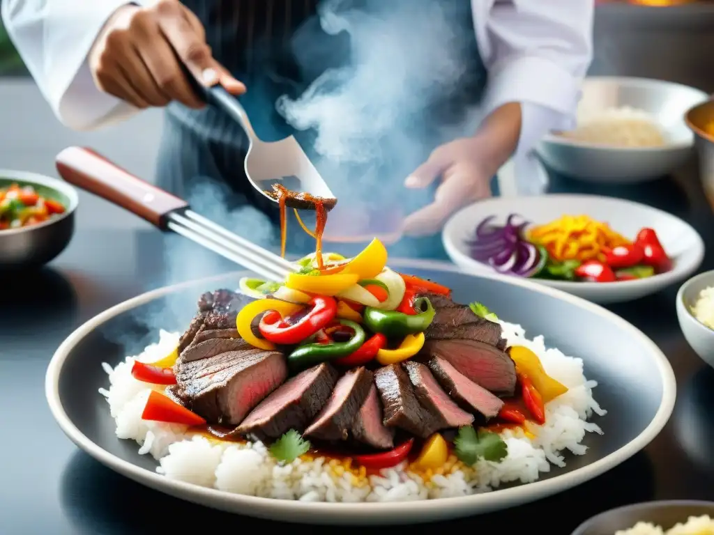 Un chef peruano experto cortando carne para preparar Lomo Saltado