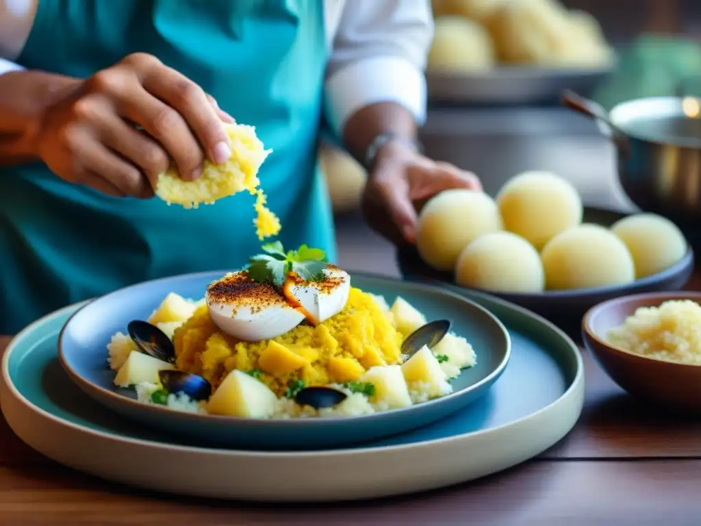 Un chef peruano experto prepara una Causa Limeña con capas de papas amarillas y mariscos