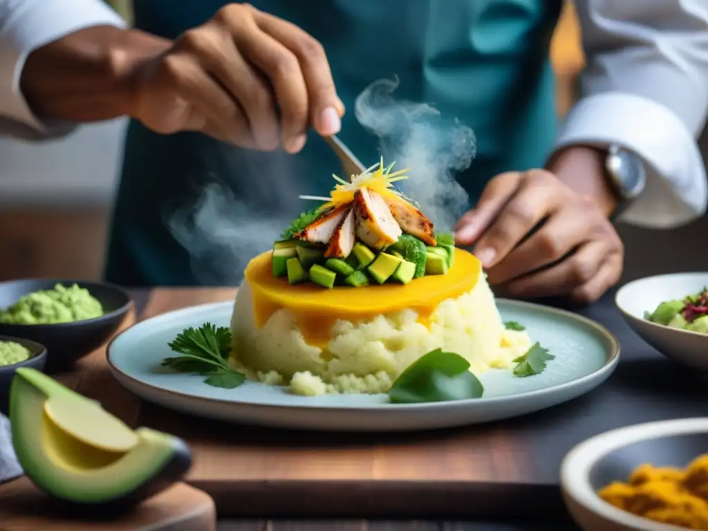 Un chef peruano experto en Causa Limeña receta auténtica, preparando con precisión y arte este icónico plato peruano