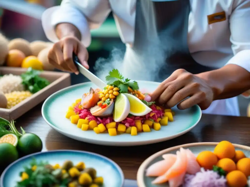 Un chef peruano experto prepara un Cebiche peruano auténtico tradicional en un mercado local, mostrando la esencia culinaria y cultural del plato