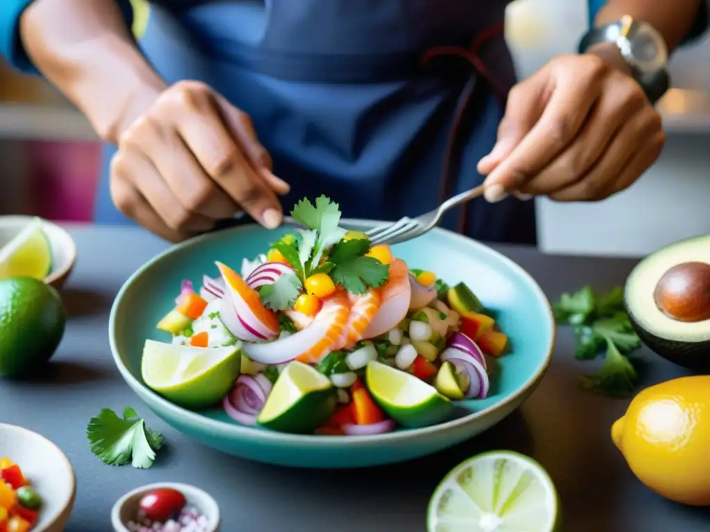 Un chef peruano experto preparando ceviche con destreza y pasión en un mercado vibrante