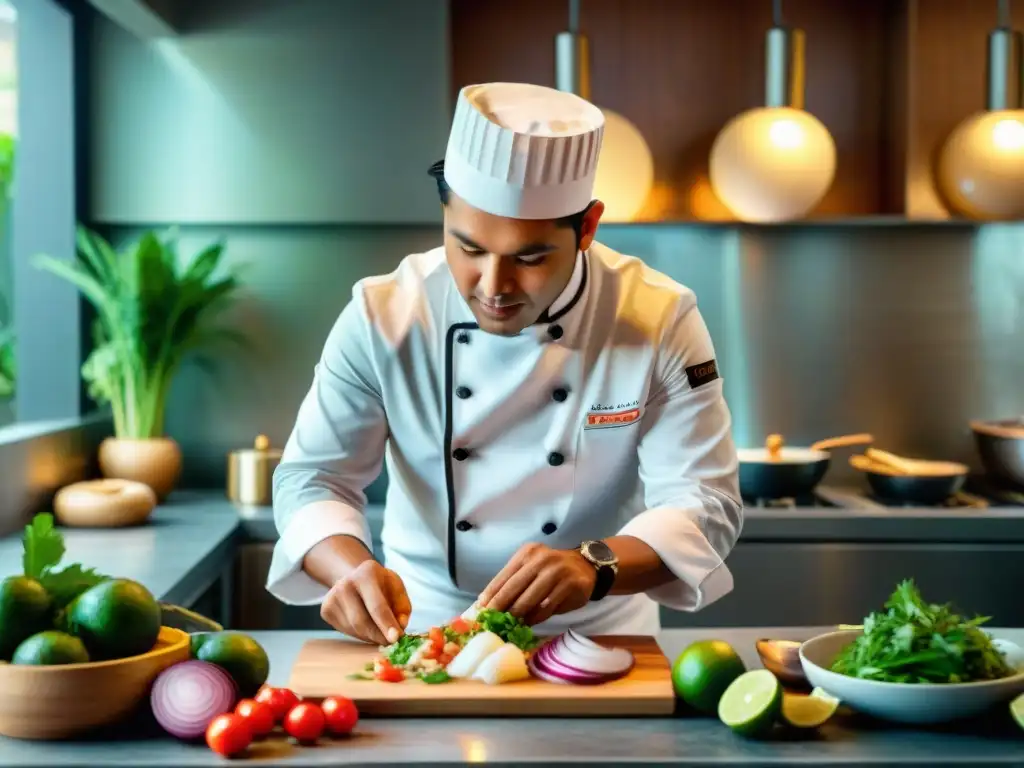 Un chef peruano experto preparando ceviche en una cocina moderna