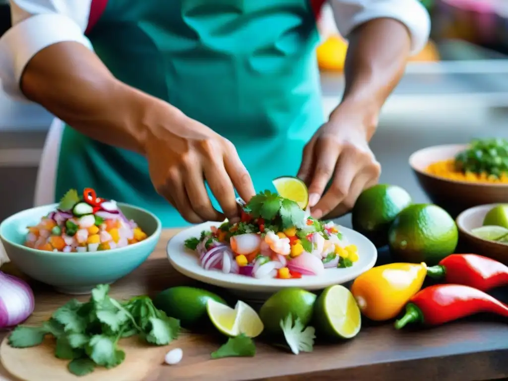 Un chef peruano experto preparando ceviche en un mercado colorido