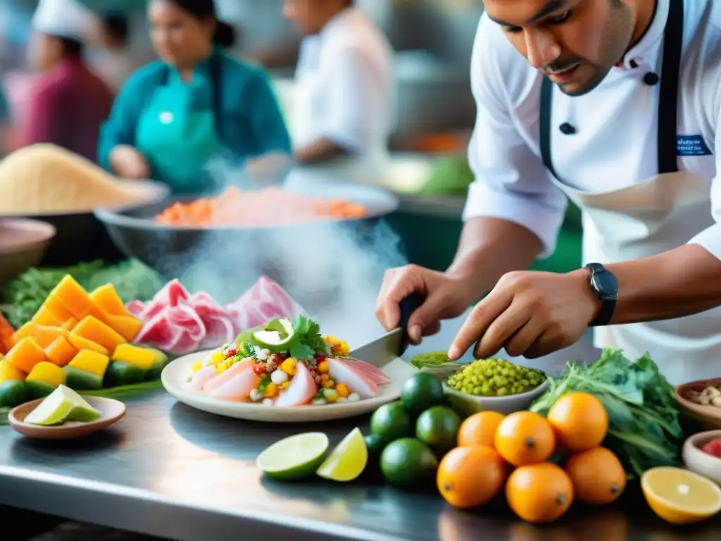 Un chef peruano experto preparando ceviche en un mercado de Lima