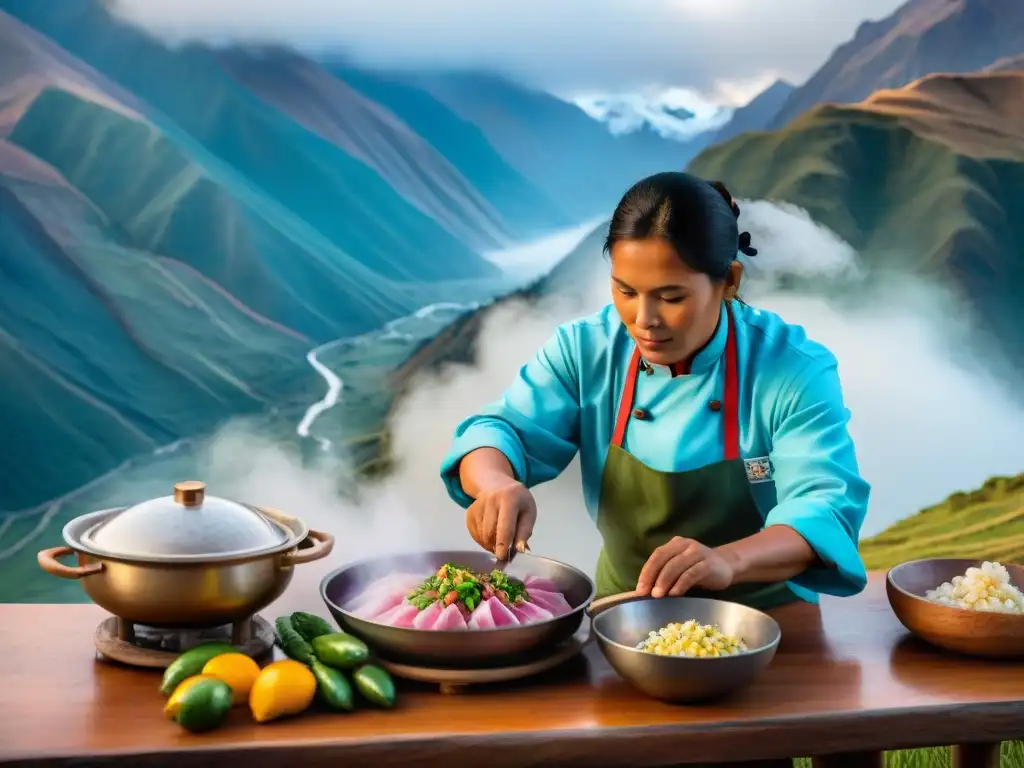 Chef peruano preparando ceviche frente a los Andes Un chef peruano experto preparando ceviche con los Andes de fondo