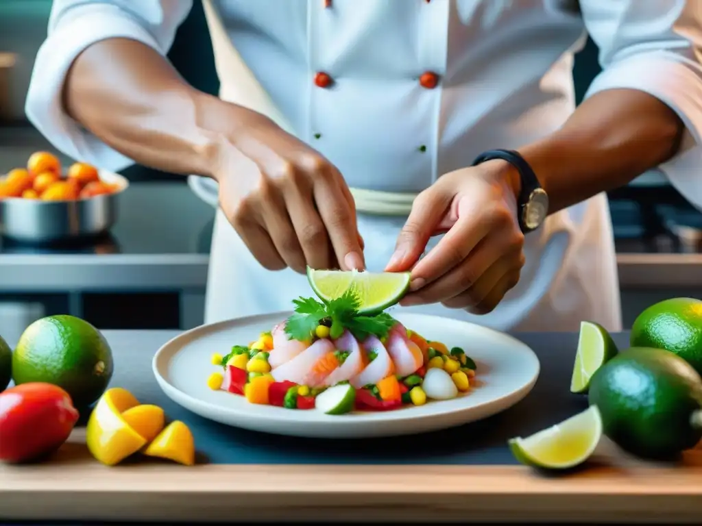 Un chef peruano experto preparando un ceviche vibrante en una cocina moderna, mostrando la maestría de la cocina saludable peruana platos ligeros