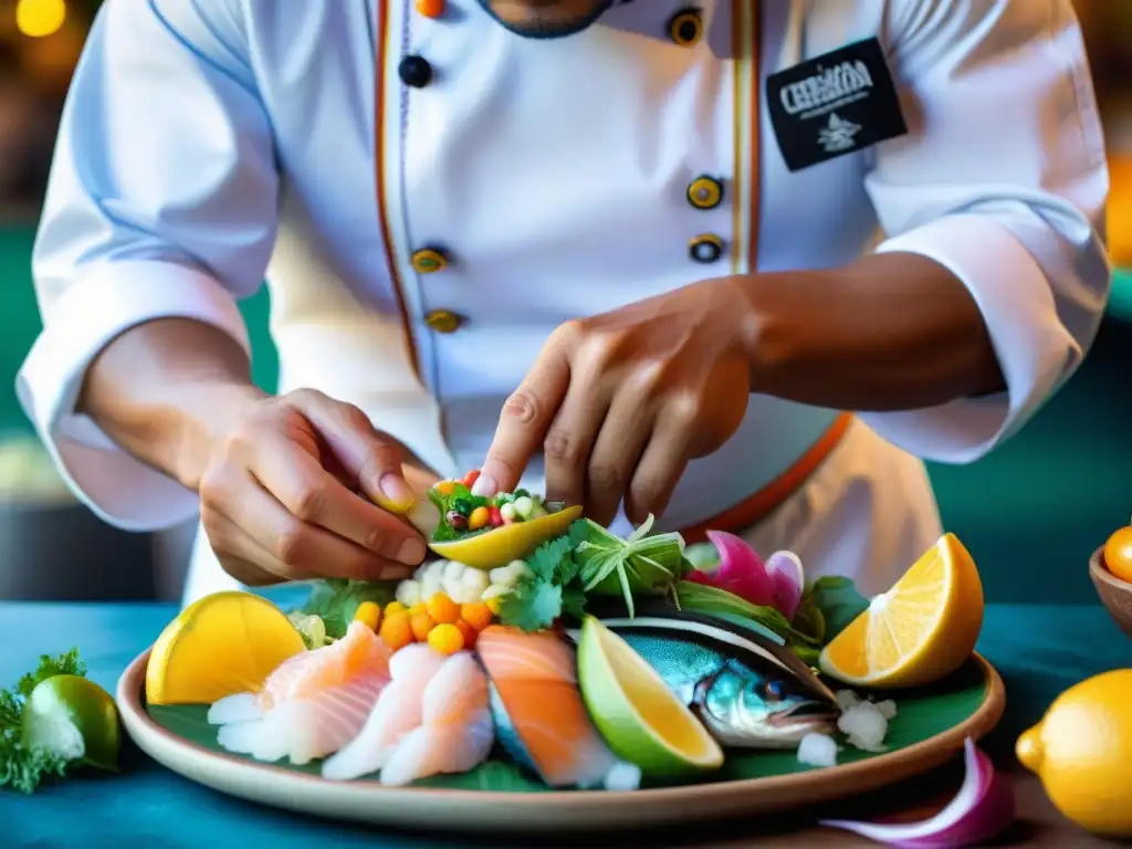 Un chef peruano experto elaborando ceviche con ingredientes autóctonos en un mercado de Lima