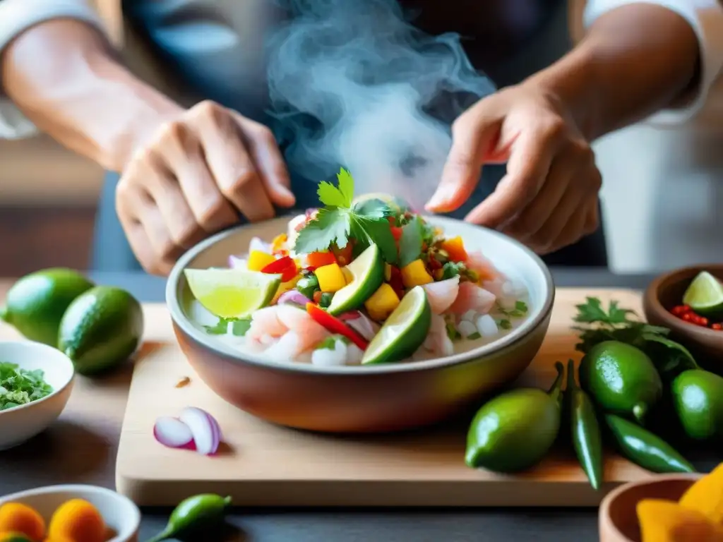 Un chef peruano experto preparando ceviche con ingredientes autóctonos