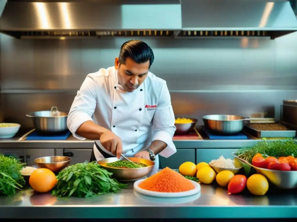 Un chef peruano experto preparando ceviche con ingredientes autóctonos en una cocina costeña vibrante