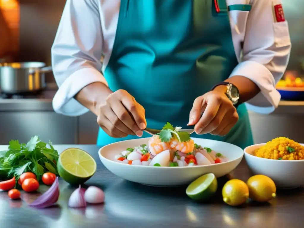 Un chef peruano experto preparando ceviche con sensores de temperatura, inmerso en la cultura culinaria peruana