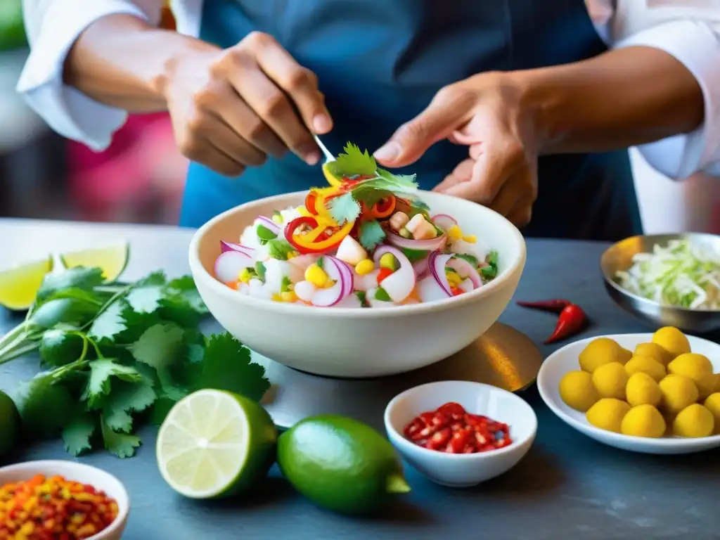 Un chef peruano experto preparando ceviche con ingredientes autóctonos en un mercado limeño