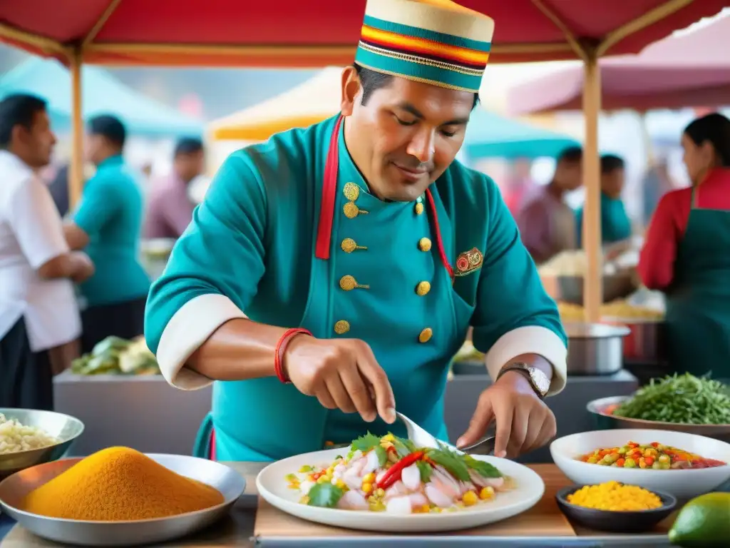 Un chef peruano experto preparando ceviche en el Festival del Sol