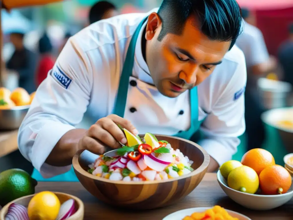 Un chef peruano experto preparando ceviche en un mercado de Lima