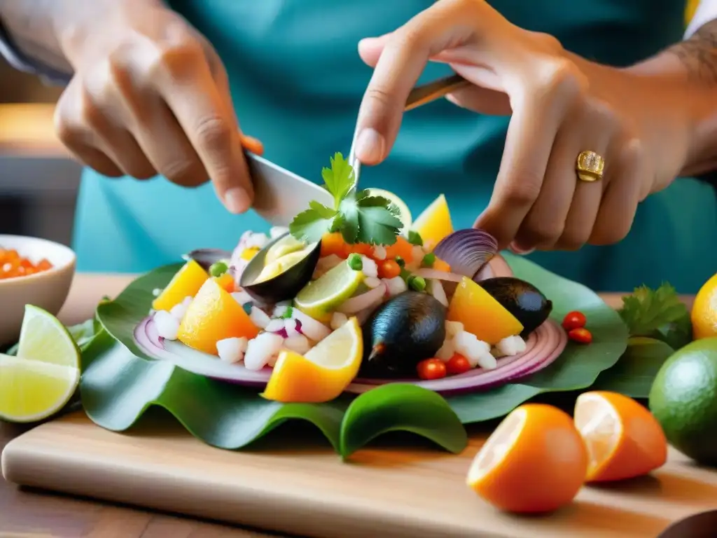 Un chef peruano experto preparando ceviche, mostrando colores vibrantes y destreza culinaria