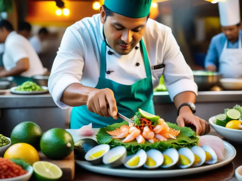 Un chef peruano experto prepara ceviche en un bullicioso mercado de mariscos en Lima, mostrando la creación de platos marinos exquisitos