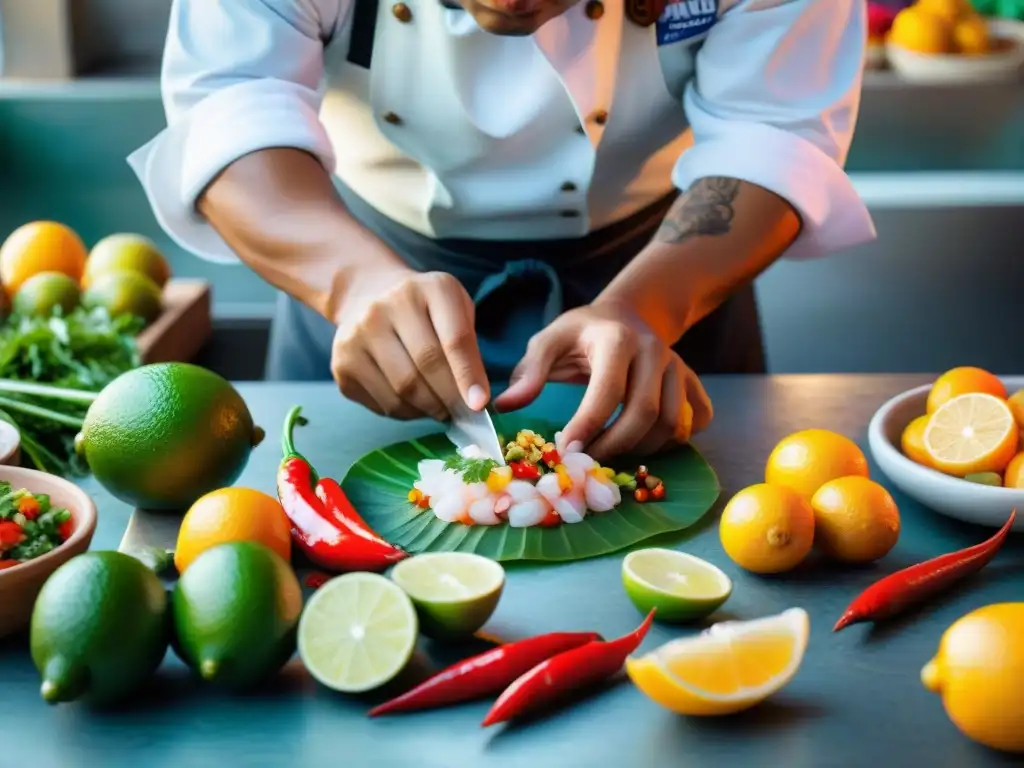 Un chef peruano experto preparando ceviche en un mercado de Lima