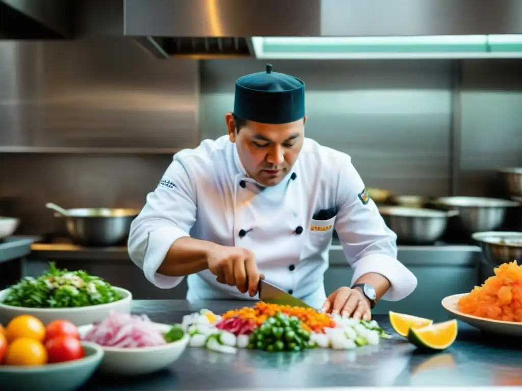 Un chef peruano experto preparando ceviche, capturando la esencia de la gastronomía peruana y delicias marinas