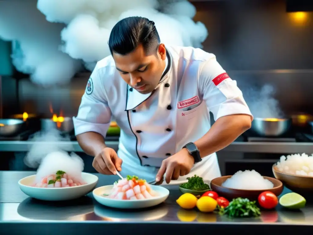 Un chef peruano experto preparando ceviche con técnicas de congelación innovadoras