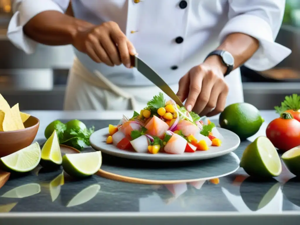 Un chef peruano experto prepara un ceviche contemporáneo en un elegante restaurante, mostrando la evolución de la receta