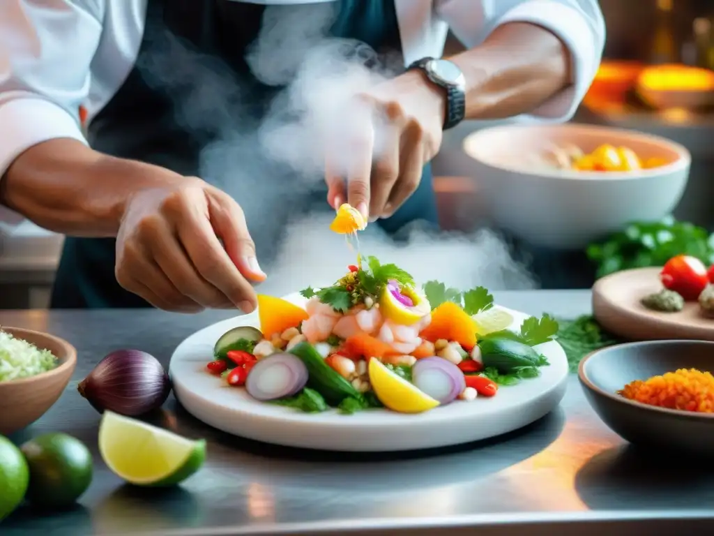 Un chef peruano experto preparando ceviche, rodeado de ingredientes frescos y utensilios de cocina