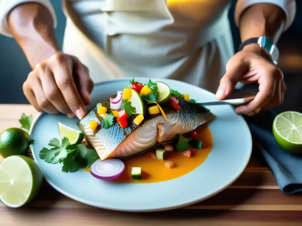 Un chef peruano experto prepara ceviche con bonito, resaltando la importancia del pescado bonito en la gastronomía peruana