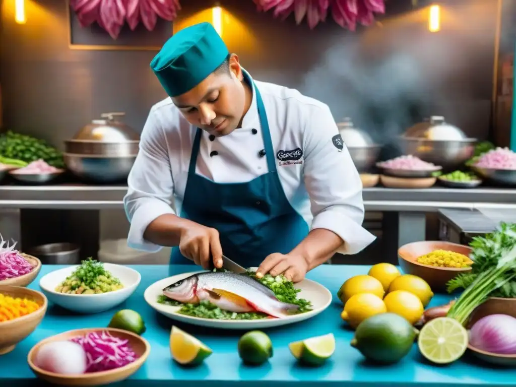 Un chef peruano experto prepara Ceviche de Bonito en mercado