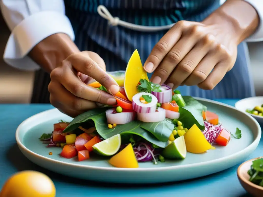 Un chef peruano experto crea un ceviche vibrante con ingredientes autóctonos