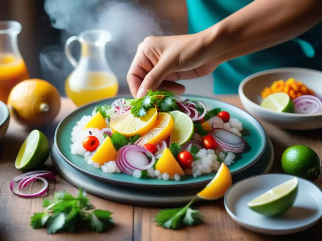 Un chef peruano experto moldea con precisión un ceviche tradicional, en una interpretación artística de comida peruana