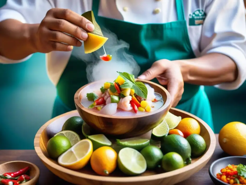 Un chef peruano experto preparando un ceviche tradicional, resaltando la gastronomía peruana platos tradicionales fusiones