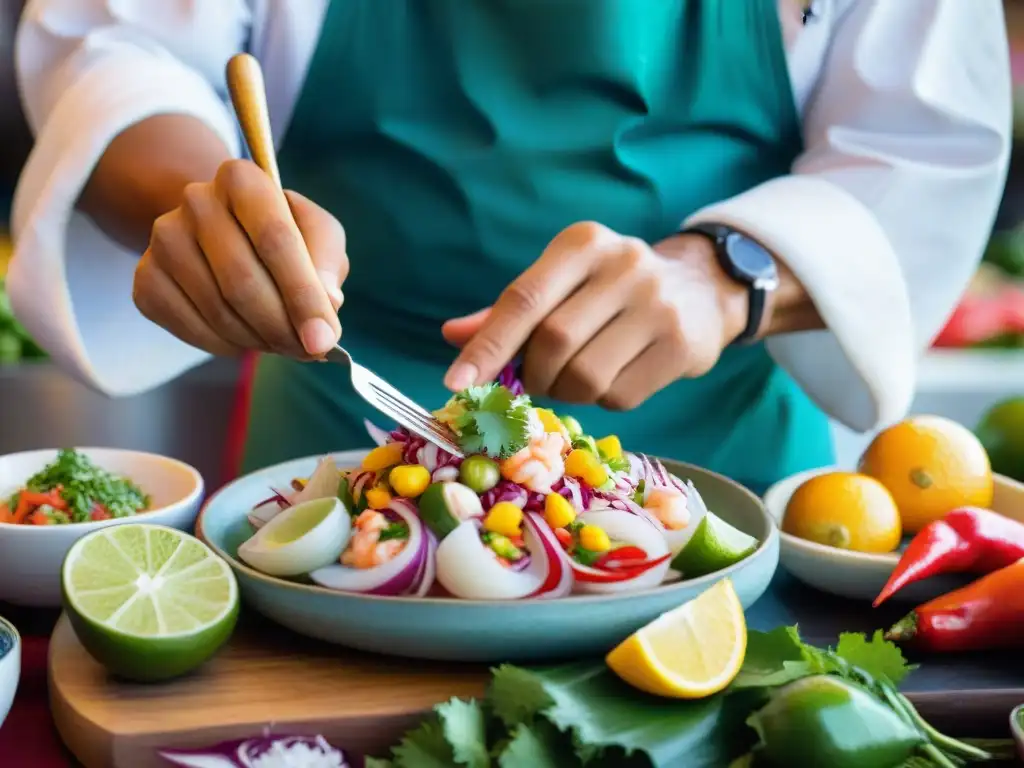 Un chef peruano experto preparando ceviche en mercado limeño