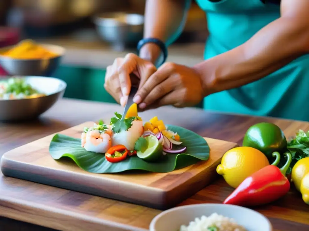 Un chef peruano experto prepara ceviche con ingredientes frescos, mostrando innovación y tradición en la gastronomía peruana