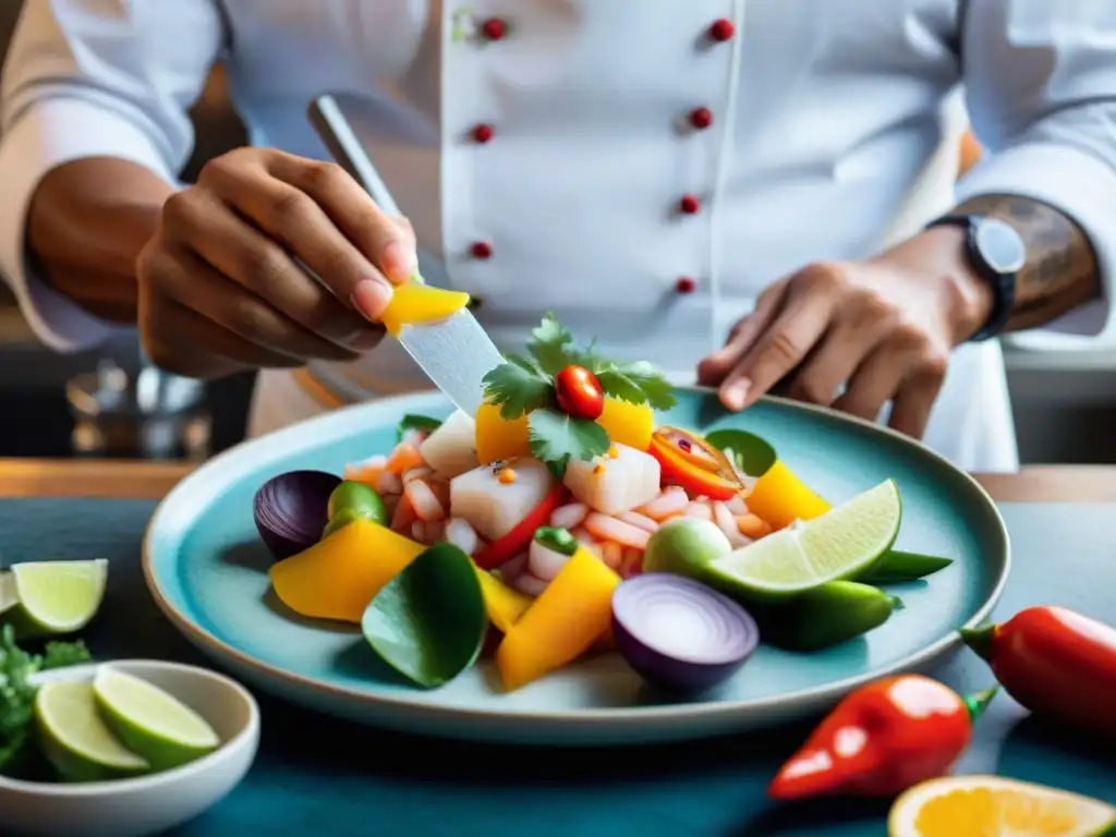 Un chef peruano experto prepara ceviche con ingredientes autóctonos en una cocina moderna