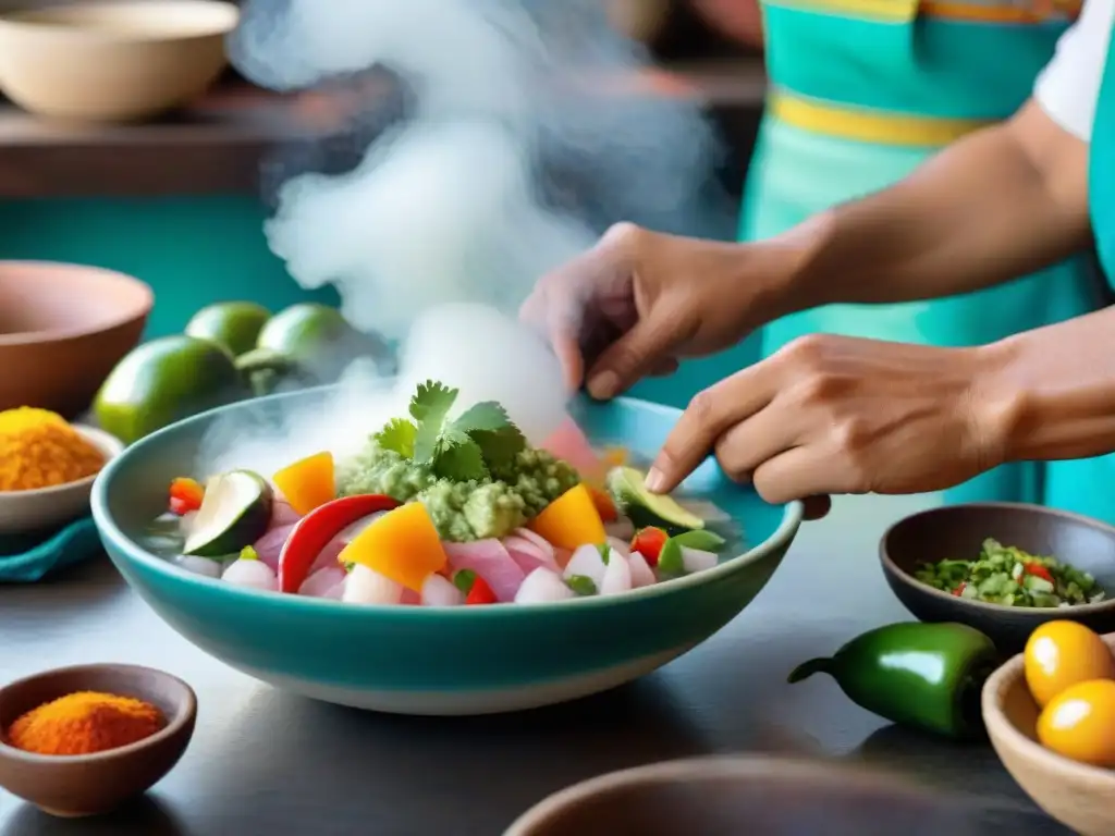 Un chef peruano experto preparando ceviche rodeado de ingredientes locales vibrantes en una cocina tradicional