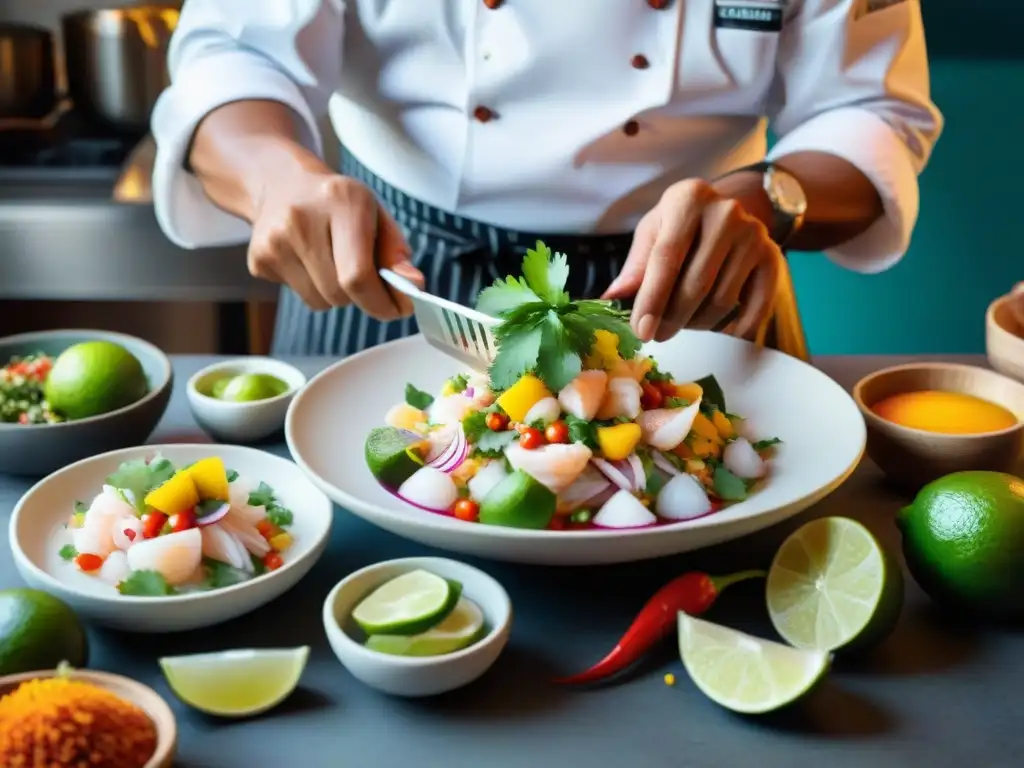 Un chef peruano experto preparando ceviche, mostrando pasión y maestría