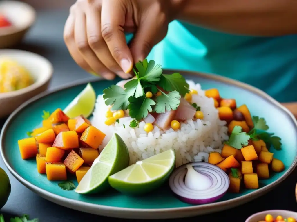 Un chef peruano experto preparando ceviche, capturando la esencia de la cocina peruana