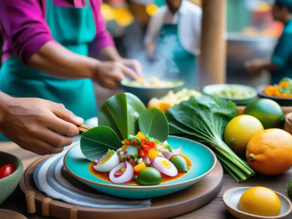 Un chef peruano experto preparando ceviche sostenible con destreza en un mercado colorido