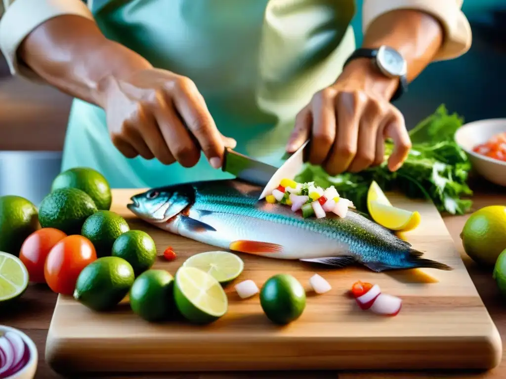 Un chef peruano experto preparando ceviche con ingredientes frescos en una cocina profesional