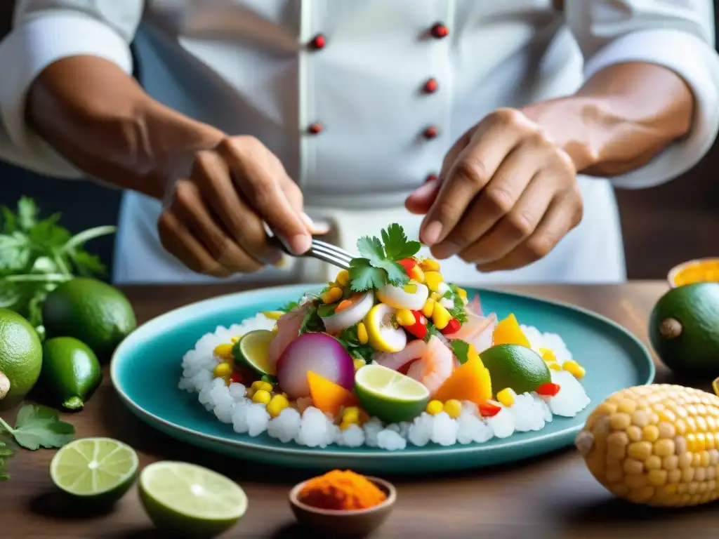 Un chef peruano experto preparando ceviche con Macchu Pisco