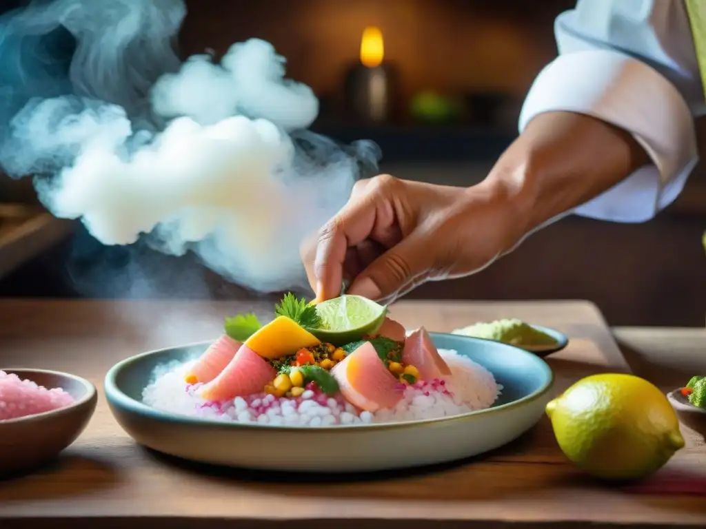 Un chef peruano experto sazona un ceviche con Sal de Maras en gastronomía peruana