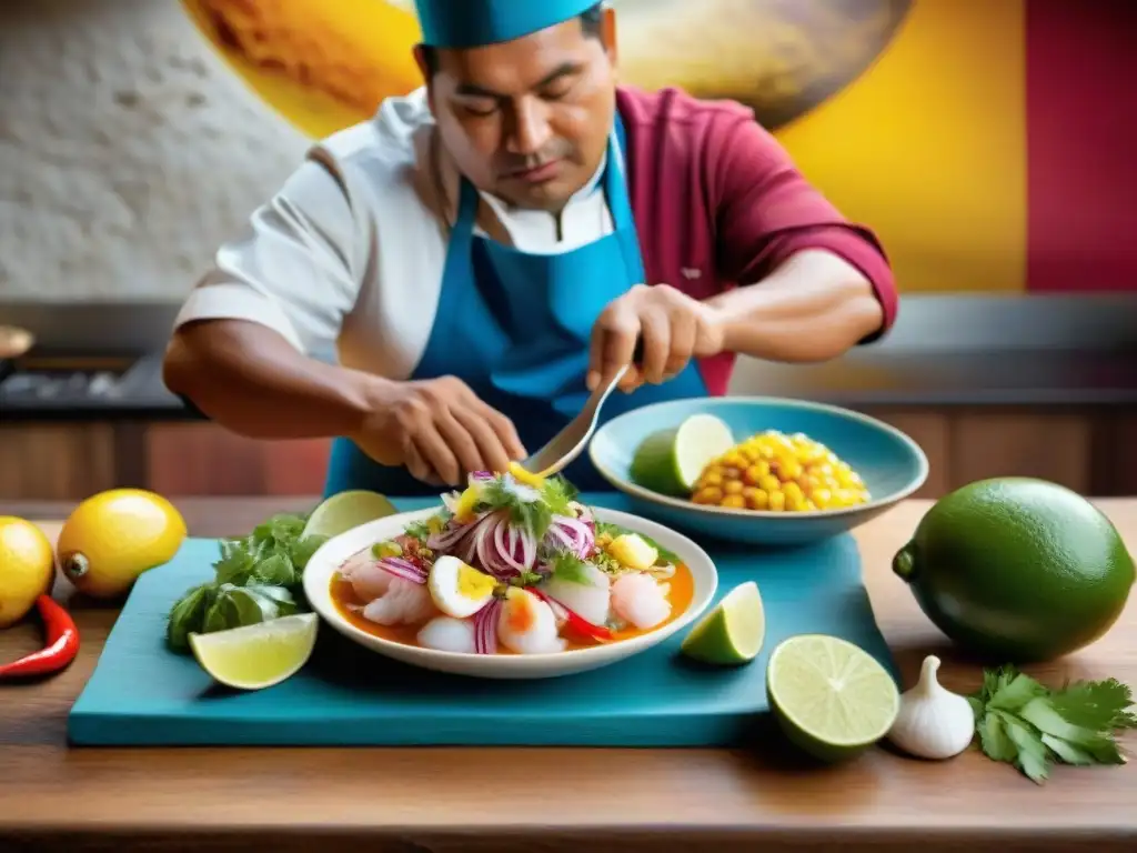 Un chef peruano experto preparando ceviche con ingredientes autóctonos